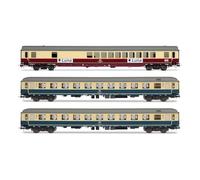 Rivarossi HR4349 DB 854, HO Gauge Rolling Stock | 3-unit pack night train "Luna", bar coach WGmh 854 in red-beige livery + 2 x Bcm 246 in ocean-blue livery, Epoch IV