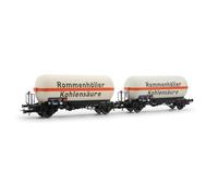 Rivarossi HR6644 DB, 2-unit set of 2-axle gas tank wagons, “Rommenhöller Kohlensäure”, ep. IV