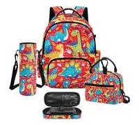 Rivatimrio Cartoon Dinosaur 4PCS Kids Backpack Elementary Bookbag and Lunch Box, Cute Dino 17" School Backpacks Lightweight Travel Daypack