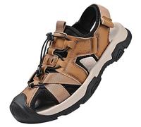 Rivccku Men Closed Toe Covered Walking Sandals, Real Leather Sports Outdoor Sandal with Adjustable Strap for Summer, Holidays, Beach, Boating, Towns