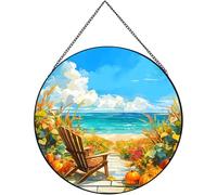 RIVEENY Blue Ocean Stained Glass Window Hanging, Tropical Beach Suncatcher, Coastal Decor for Home, Office, Bedroom