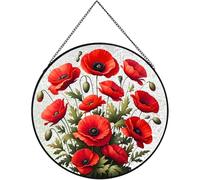 RIVEENY Poppy Hanging Stained Glass for Windows, 20cm/7.87inch Hand-Painted Sun Catcher Garden Hangings Christmas Mother's Day, Valentine's Day Ornaments Festival Gift