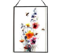 RIVEENY Watercolor Flower Art Stained Glass Window Hangings,Glass Suncatcher Hand Painted Stained Glass Window Hangings Panel Decor with Chain11 W x 15" H