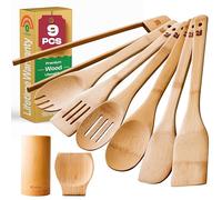 Riveira Bamboo Wooden Spoons for Cooking 9-Piece with Holder, Apartment Essentials Wood Spatula Spoon Nonstick Kitchen Utensil Set Premium Quality Housewarming Gifts for Everyday Use