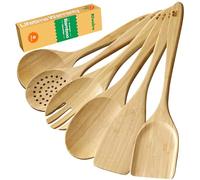 Riveira Brown Bamboo Wooden Cooking Utensils Set of 6 - Premium Quality, Non-Toxic, Eco-Friendly Wooden Spoons and Spatulas for Cooking