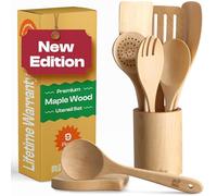 Riveira Maple Wooden Cooking Utensils Set of 9 - Premium Quality, Non-Toxic, Heat-Resistant Wooden Spoons and Spatulas for All Cookware
