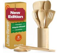 Riveira Maple Wooden Spoons for Cooking Set of 9 - Natural Maple Wooden Cooking Utensils, Wooden Spatula, Wooden Spoon - Premium Quality Wooden Utensil Set for Non-Toxic Cooking
