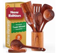 Riveira's 9-Piece Dark Brown Kitchen Essentials Wooden Cooking Utensils Set - Complete Kitchen Utensils Set for Gourmet Results