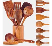 Riveira's 9-Piece Dark Brown Kitchen Essentials Wooden Cooking Utensils Set - Complete Kitchen Utensils Set for Gourmet Results