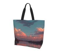 River and The Great Sky Print Large Women Tote Bag,Stylish Waterproof Ladies Shoulder Bag, Folding Beach Travel Bag for Work,Shopping