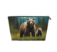 River Bear Mom Portable Leather Travel Cosmetic Bag, Toiletry Bag, Waterproof Storage Bag