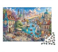 River City Scene 1000 Pieces Premium Cardboard Jigsaw Puzzles Brain Teaser Educational for Cognitive Development All Ages Family Canal Town Puzzle Lovers 70x50cm/1000pcs