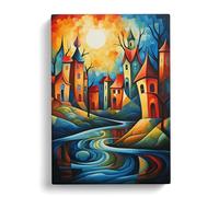 River Cubism Art No.3 Canvas Print | Gallery Wrapped 30mm Frame Wall Art | 30x20 inches | Ready to Hang | Modern Landscape Picture | Living Room Bedroom Lounge Office