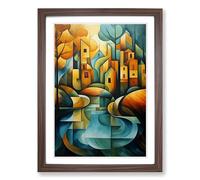 River Cubism Framed Print | A2 Walnut Framed Wall Art | Ready to Hang | Cubist Landscape Picture | Living Room Bedroom Lounge Office