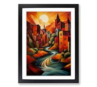 River Cubism No.2 Framed Print | A2 Black Framed Wall Art | Ready to Hang | Cubist Landscape Picture | Living Room Bedroom Lounge Office