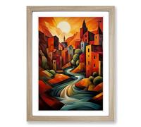 River Cubism No.2 Framed Print | A2 Oak Framed Wall Art | Ready to Hang | Cubist Landscape Picture | Living Room Bedroom Lounge Office