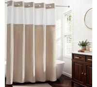 River Dream Farmhouse No Hook Shower Curtain with Snap-in Liner, Linen Textured Fabric Shower Curtain for Bathroom, Rustic Bathroom Set,See-Through Top Window,Water-Repellent,Linen,71Wx77L
