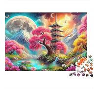 River Flowers1000pc Sturdy Cardboard Cherry Blossom Moon Jigsaw Puzzle Adults Kids Educational Game Brain Training Concentration Relaxation Home Activity 70x50cm/1000pcs