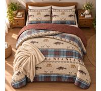 River Fly Fishing Rustic Cabin Lodge Quilt Bedspread Bedding Set with Fishing and Southwestern Plaid Tweed Patterns Blue Brown - River Lodge (King / Cal-King)