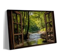 River Forest Window View Wall Art, Nature Landscape Canvas Print, Peaceful Stream Through Trees Painting, Rustic Window Scene Decor for Living Room or Bedroom 30x40cm Frame