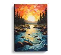 River Geometric Art No.2 Canvas Print | Gallery Wrapped 30mm Frame Wall Art | 30x20 inches | Ready to Hang | Abstract Landscape Picture | Living Room Bedroom Lounge Office