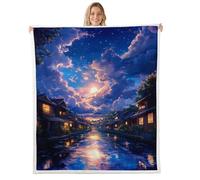 River House Night Lights Flannel Fleece Throw Blanket 40"x50" Japanese Style Fuzzy Blanket for Sofa Couch Cloud Moon Sky All Season Bed Blankets Plush Blankets,Navy Blue Gold