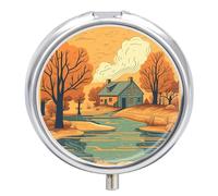 River in Front of House Pill Box Case 3 Compartment Travel Medicine Pill Organizer 3X A Day Portable Vitamin Organizer with Mirror Small Pillbox for Purse & Pocket Cute Daily Medicine Container Metal