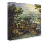 River Landscape by Pieter bruegel the elder Classic Painting Canvas Wall Art Print Ready to Hang, Framed Picture for Living Room Bedroom Home Office Décor, 20x20 Inch (50x50 cm)