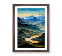 River Landscape Watercolour No.3 Framed Print | A3 Walnut Framed Wall Art | Ready to Hang | Modern Landscape Picture | Living Room Bedroom Lounge Office