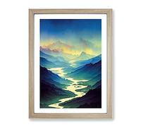 River Landscape Watercolour No.4 Framed Print | A4 Oak Framed Wall Art | Ready to Hang | Modern Landscape Picture | Living Room Bedroom Lounge Office