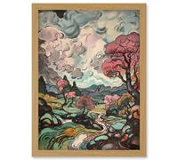 River Landscape with Pink Trees and Storm Clouds Artwork Framed Wall Art Print A4 Artery8 Light Oak One Size