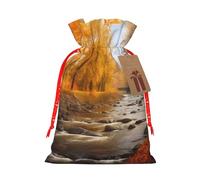 River Park Printed Christmas Drawstring Bags Reusable Xmas Bag for Party Xmas Gift Wrapping, Red Ribbon, M