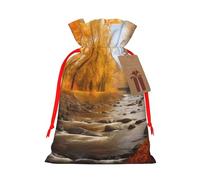 River Park Printed Christmas Drawstring Bags Reusable Xmas Bag for Party Xmas Gift Wrapping, Red Ribbon, M