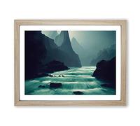 River Past The Mountains Framed Print | A4 Oak Framed Wall Art | Ready to Hang | Modern Landscape Picture | Living Room Bedroom Lounge Office