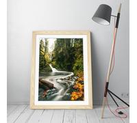 river running through a lush green forest Stunning Framed Wall Art Print Picture - A1 - Light Oak Frame
