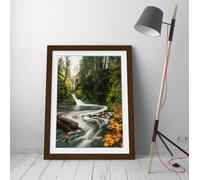 river running through a lush green forest Stunning Framed Wall Art Print Picture - A4 - Walnut Frame