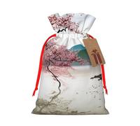 River Scenery Cherry Blossoms Printed Christmas Drawstring Bags Reusable Xmas Bag for Party Xmas Gift Wrapping, Red Ribbon, S