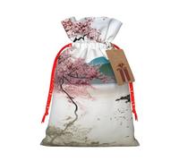 River Scenery Cherry Blossoms Printed Christmas Drawstring Bags Reusable Xmas Bag for Party Xmas Gift Wrapping, Red Ribbon, M