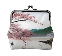 River Scenery Cherry Blossoms Prints Coin Purse Kiss Lock Pu Leather Mini Pouch Wallet Change Bag for Women Girls Kids
