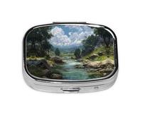 River Scenery Print Pill Box 2 Compartment Medicine Pill Case,Portable for Pocket Or Purse Pill Box Decorative Metal Medicine Organizer