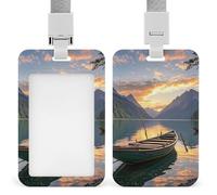 River Sunset Boat Id Badge Holder with Lanyard, Clear Vertical Card Protector Waterproof, Breakaway Safety Neck Strap, Heavy Duty Name Tag Holder for Nurse Teacher Officer Staff Women Men