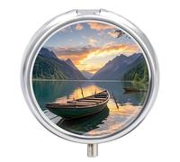 River Sunset Boat Metal Pill Organizer, 3 Compartment Waterproof Pill Case with Mirror for Purse Pocket Bag, Daily Medicine Vitamin Holder, Portable Travel Med Container(Round)