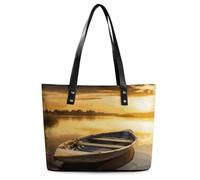 River Sunset Wooden Boat Handbag with Zipper Large Shoulder Bag Leather Tote Bag Beautiful Satchel Bags Fashion Hobo Bags for Women