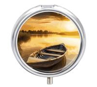 River Sunset Wooden Boat Pill Organizer 3 Compartment Travel Pillbox with Mirror Daily Medicine Pill Case Metal Pill Box for Purse & Pocket Portable Small Medicine Box Round Vitamin Case Container