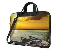 River Sunset Wooden Boat Printed Laptop Bag Shoulder Messenger Bag Case Sleeve Portable Laptop Case Crossbody Briefcase, Black, 15.6 inch