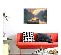 River Sunset Wooden Boat Wall Art Posters Modern Prints Painting Framed Pictures Artwork Decoration For Living Room Kitchen Bathroom Office Ready To Hang 12x18in