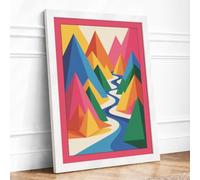 River Through Mountains Geometric Framed Wall Art Print A3 White