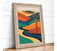 River Through the Hills Retro Framed Wall Art Print A2 (59.4×42cm) Oak, Wall Decor for Living Room, Bedroom, Office & Home, Ready to Hang, Art Gift