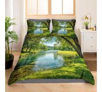 River Trees Emperor Size Duvet Cover Sets Green Nature Bedding Set 3D Print Soft Microfiber Quilt Covers 290x235 cm with Zipper Closure and 2 Pillowcases 50x75 cm for Adults K.2519