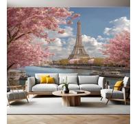 River View Photo Wallpaper Eiffel Tower and Cherry Blossoms Wall Murals for Living Room Bedrooms Office Tv Background Wall Large Mural Poster 300 x 210 cm Home Decoration